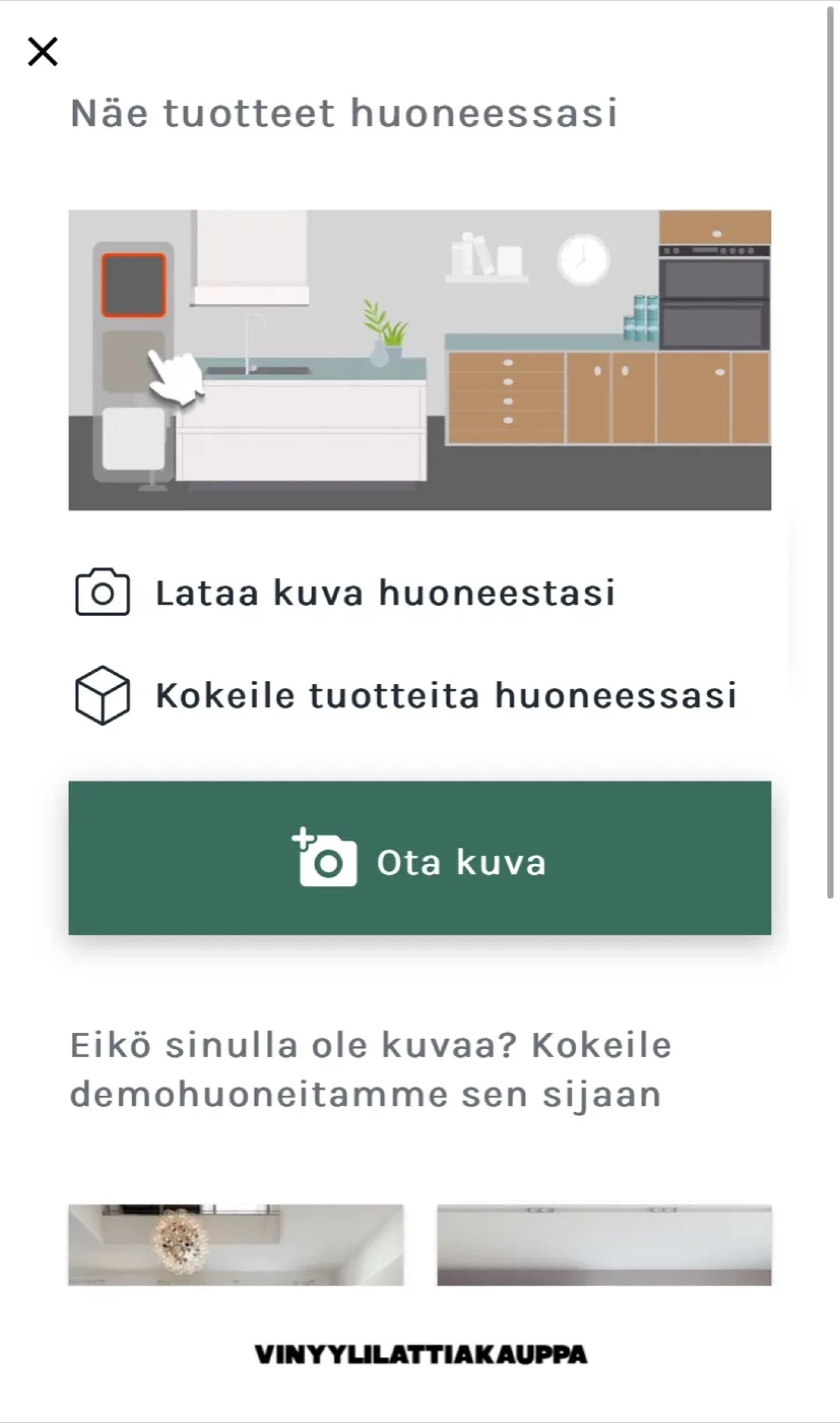 Tilasuunnittelijan valikko, jossa voi ladata kuvan omasta huoneesta