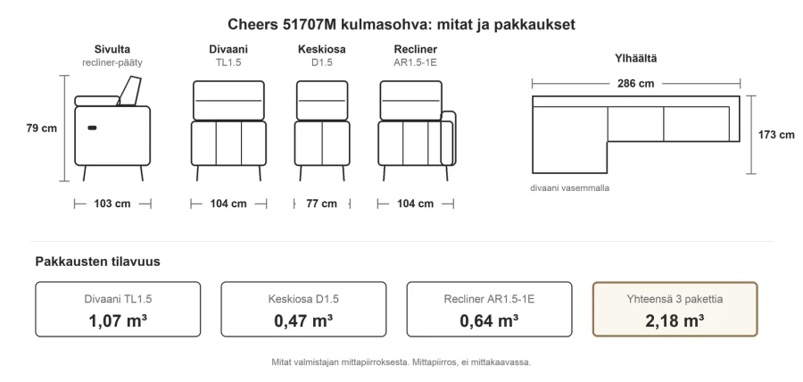 Kulmasohva divaanilla ja sähköreclinerillä 286 cm, divaani vasemmalla, vaalea Montego Oat, Cheers 51707M