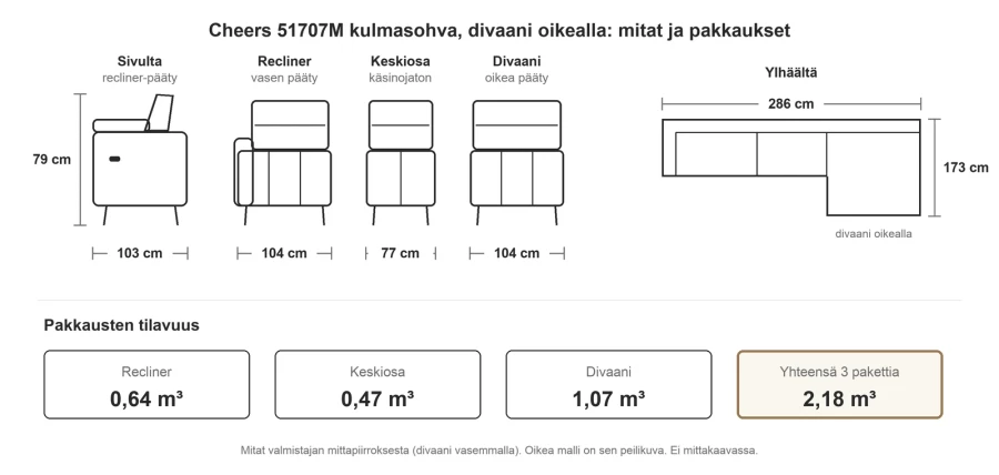Kulmasohva divaanilla ja sähköreclinerillä 286 cm, divaani oikealla, vaalea Montego Oat, Cheers 51707M