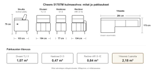Kulmasohva divaanilla ja sähköreclinerillä 286 cm, divaani vasemmalla, vaalea Montego Oat, Cheers 51707M
