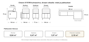 Kulmasohva divaanilla ja sähköreclinerillä 286 cm, divaani oikealla, vaalea Montego Oat, Cheers 51707M