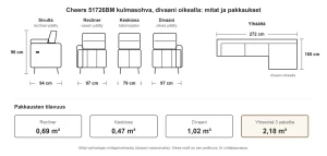 Kulmasohva divaanilla ja sähköreclinerillä 272 cm, divaani oikealla, vaalea harmaa Milo Cloud, Cheers 51726BM